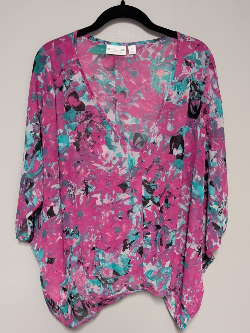 Bisou Bisou Pink Teal Abstract Floral V-Neck Tunic